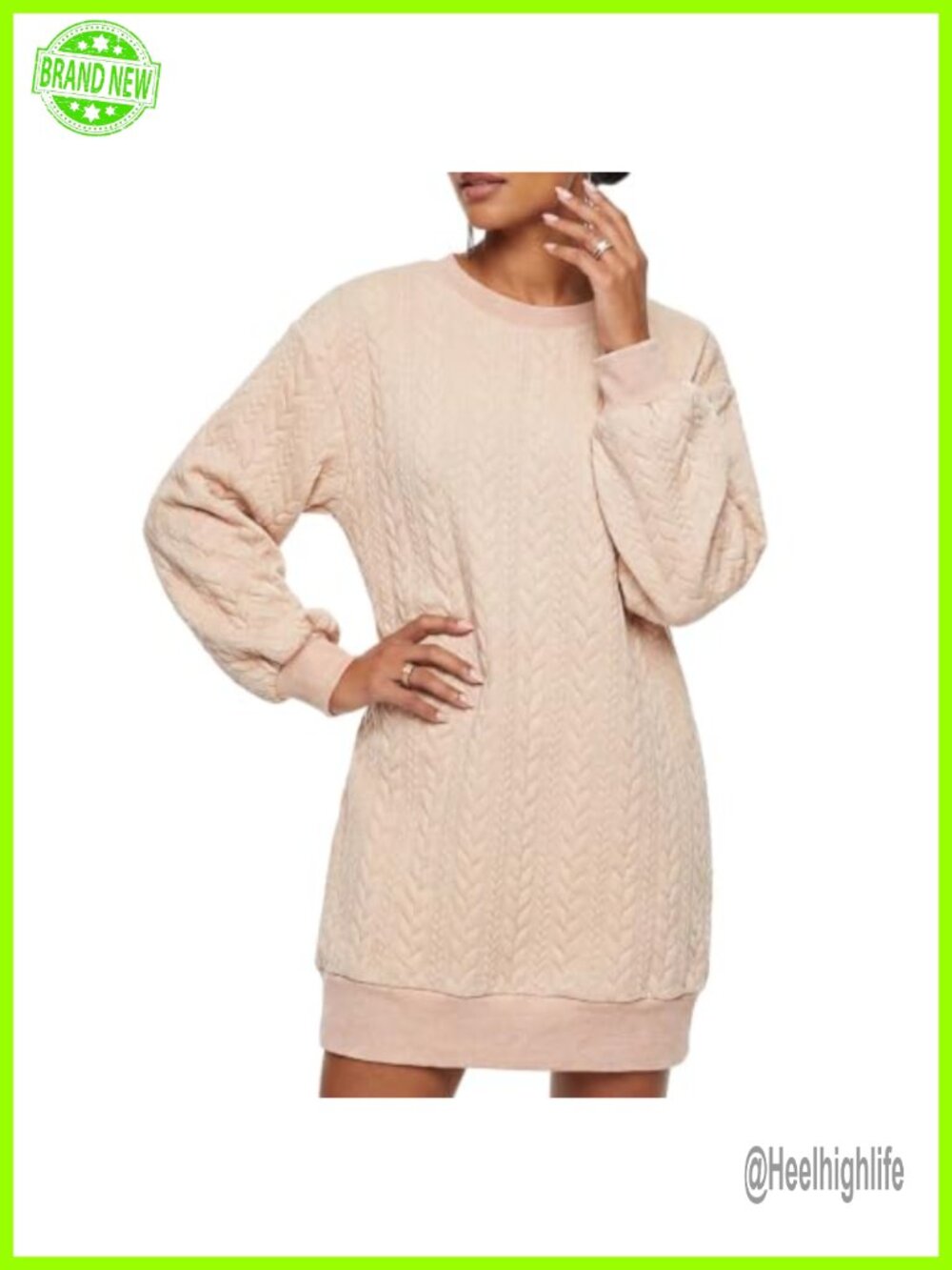 Women Cable Knit Sweater Dress Long Lantern Sleeve Crewneck Chunky Mini Pullover
